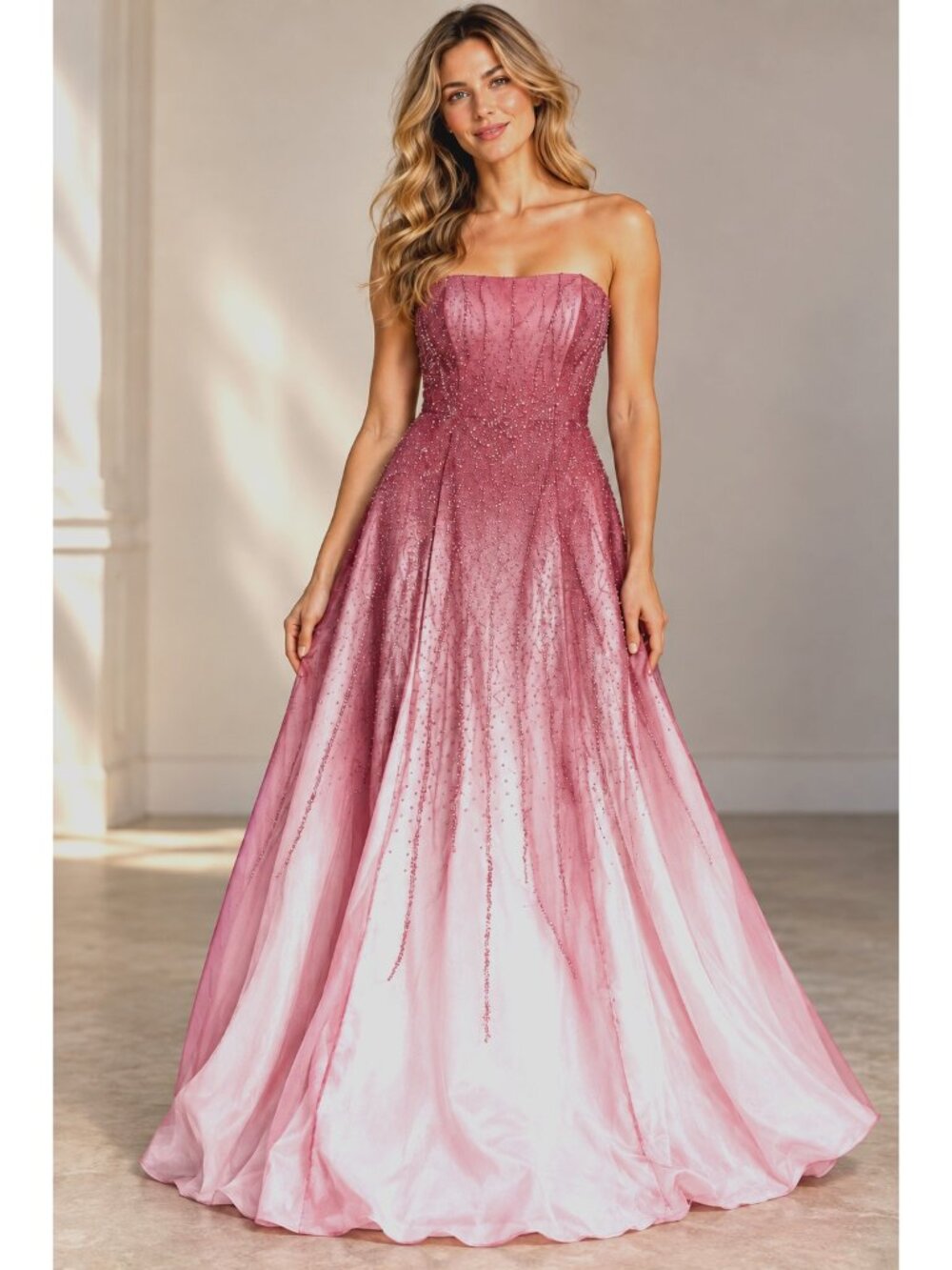 Vintage Jasmine Silk Beaded Strapless Ombre Gown M/L